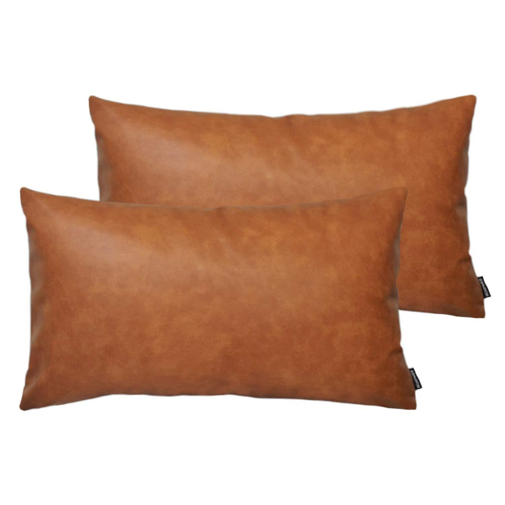  [AUSTRALIA] - HOMFINER Faux Leather Lumbar Throw Pillow Covers for Couch Bed Sofa Decorative, 12x20 Set of 2 Thick Modern Farmhouse Boho Small Long Accent Rectangle Scandinavian Decor Cushion Cases Cognac Brown 12" x 20", Set of 2
