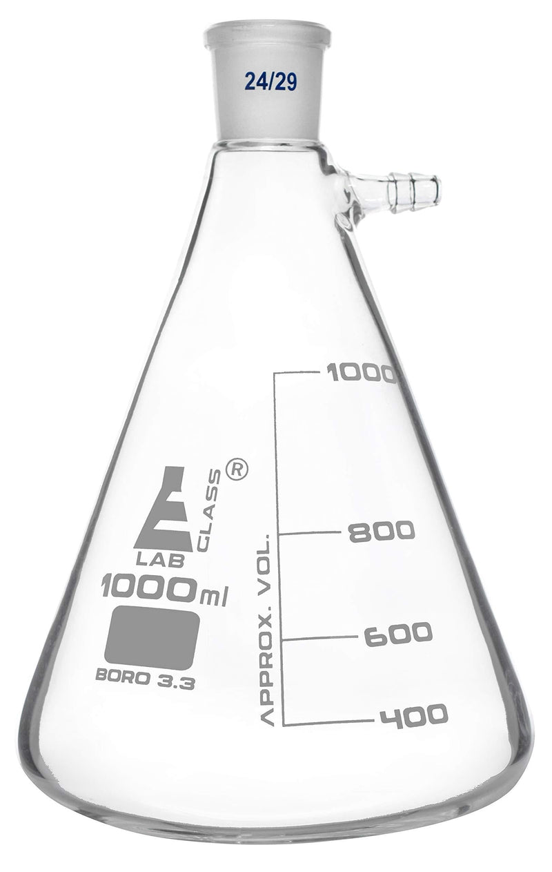 Buchner Filtering Flask, 1000ml - 24/29 Joint, Side Arm - White Graduations - Borosilicate Glass - Eisco Labs - LeoForward Australia