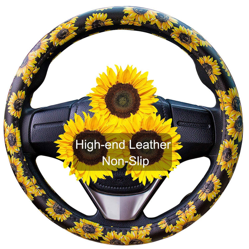  [AUSTRALIA] - Evankin Sunflower Steering Wheel Cover Cute and Handmade,PU Universal Steering Wheel Cover 15 inch, Fashionable Boho Sunflower Car Accessories for Women,Top Girl Car Accessories(Leather) Leather Sunflower Steering Wheel Cover