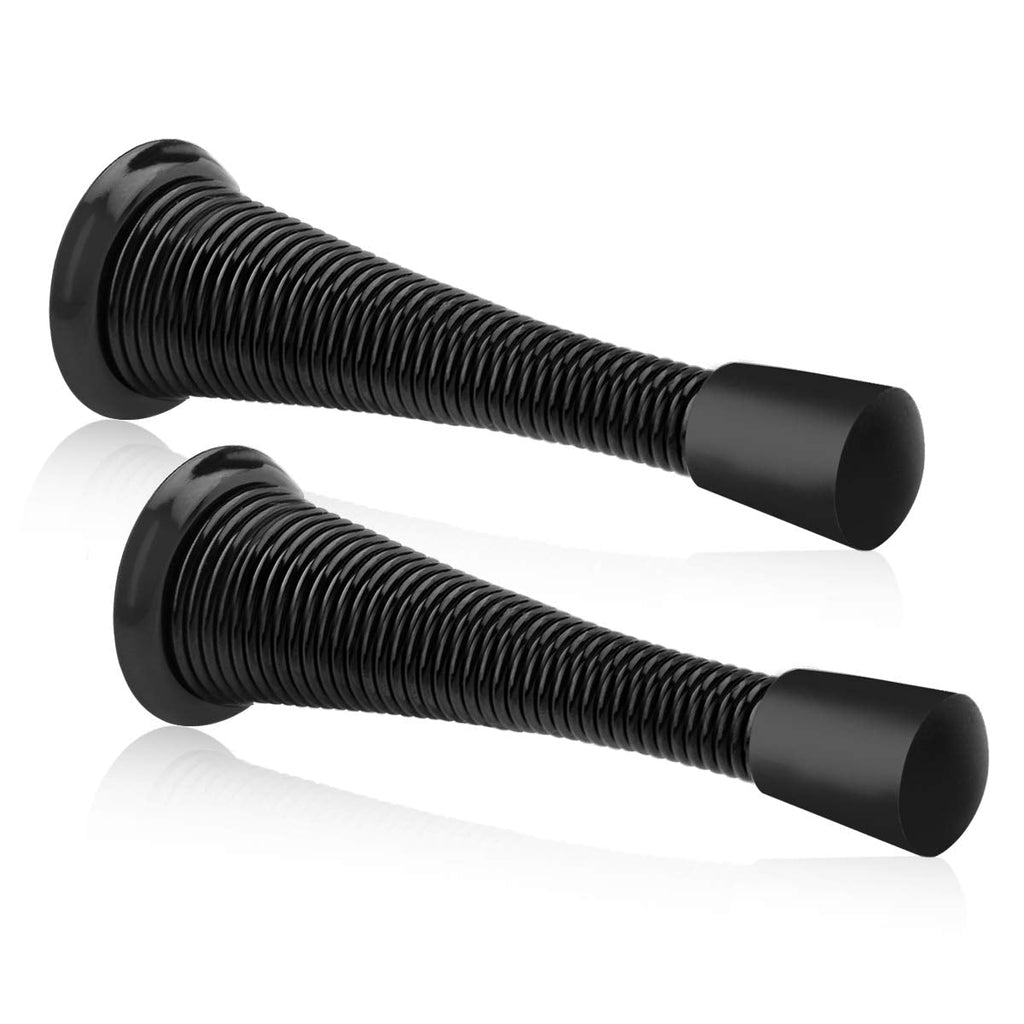  [AUSTRALIA] - KOVOSCH 2 Pack Spring Door Stoppers Black - Upgraded Flexible Heavy Duty Screw-in Door Stop Spring, Wall Door Stopper with Black Bumper Tips A-Upgrade-Black