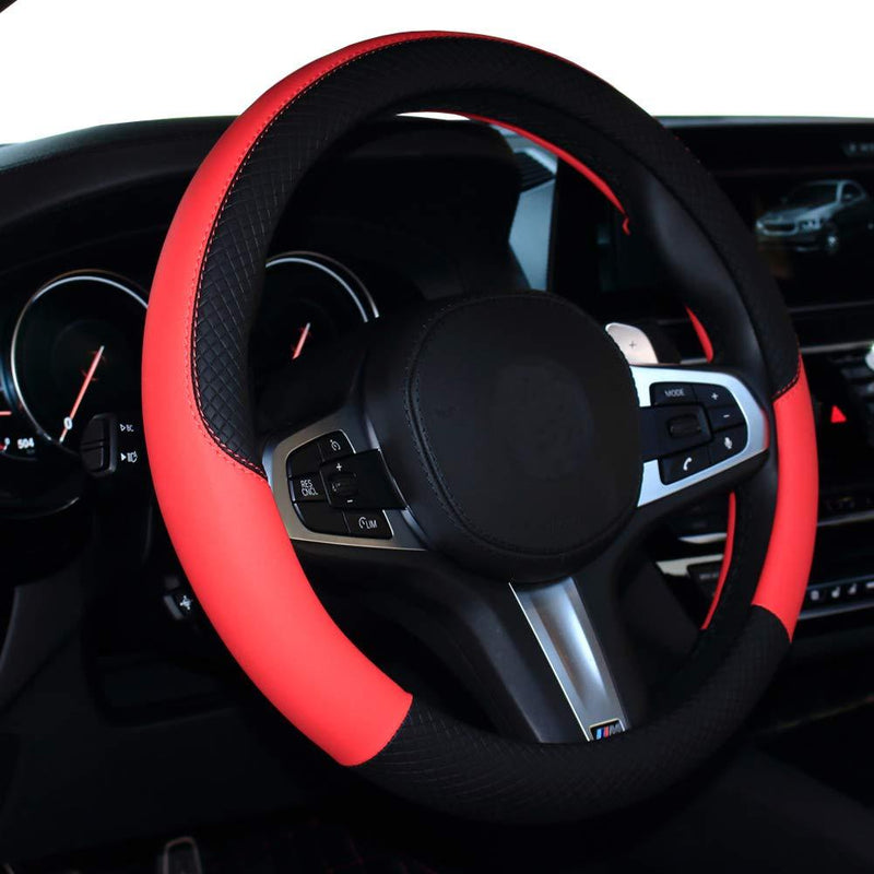 SHIAWASENA Car Steering Wheel Cover, Leather, Universal 15 Inch Fit, Anti-Slip & Odor-Free (Black&Bright Red) Black&Bright Red - LeoForward Australia