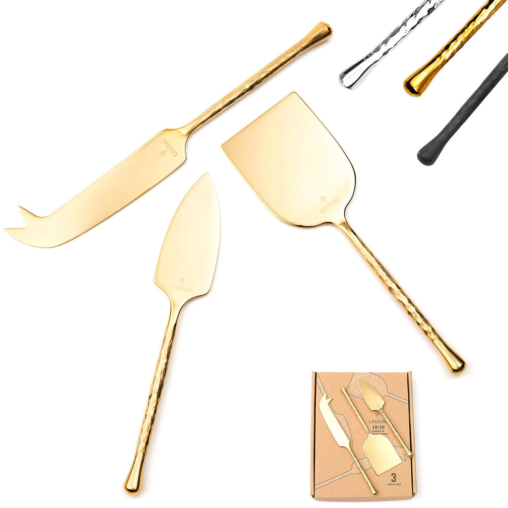  [AUSTRALIA] - LINZOM Cheese Knife Set, 18/10 Stainless Steel, Hand Forged, Gold, Teardrop Edge, Set of 3 Teardrop Edge - Shiny Gold