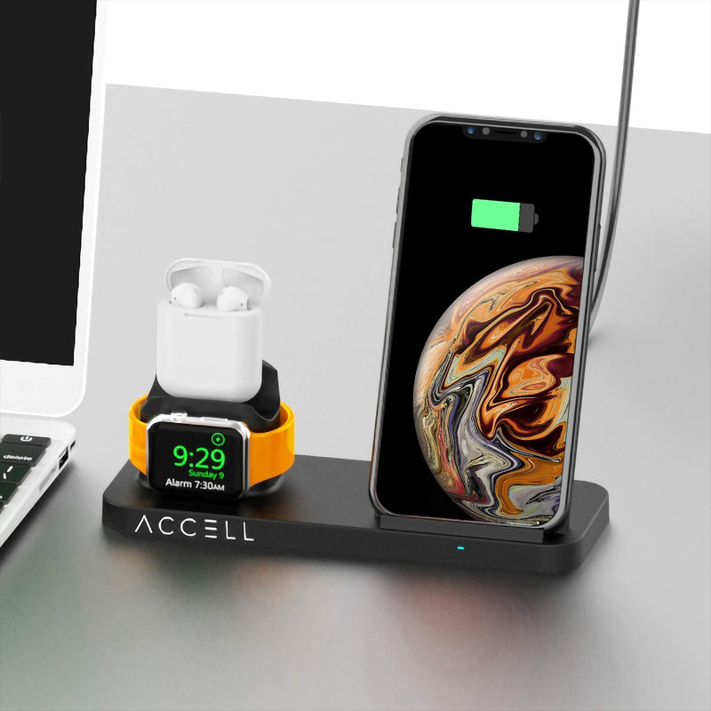  [AUSTRALIA] - Accell Power 3-in-1 Fast-Wireless Charger - 3 in 1 Wireless Charger for Smartphone, Apple Watch, and Airpods - Qi-Compatible, Black, Small 3-in-1 Wireless Charger