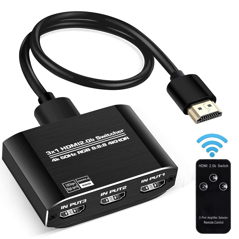  [AUSTRALIA] - NEWCARE HDMI 2.0b Switch 3 in 1 Out 【with High Speed 3.9 FT HDMI Cable】, 3x1 HDMI Selector Switch with Remote,Support UHD 4K@60Hz Ultra HD 3D 1080P, HDCP 2.2 HDR,18.5Gbps HDMI Switcher HDMI Switch 3x1