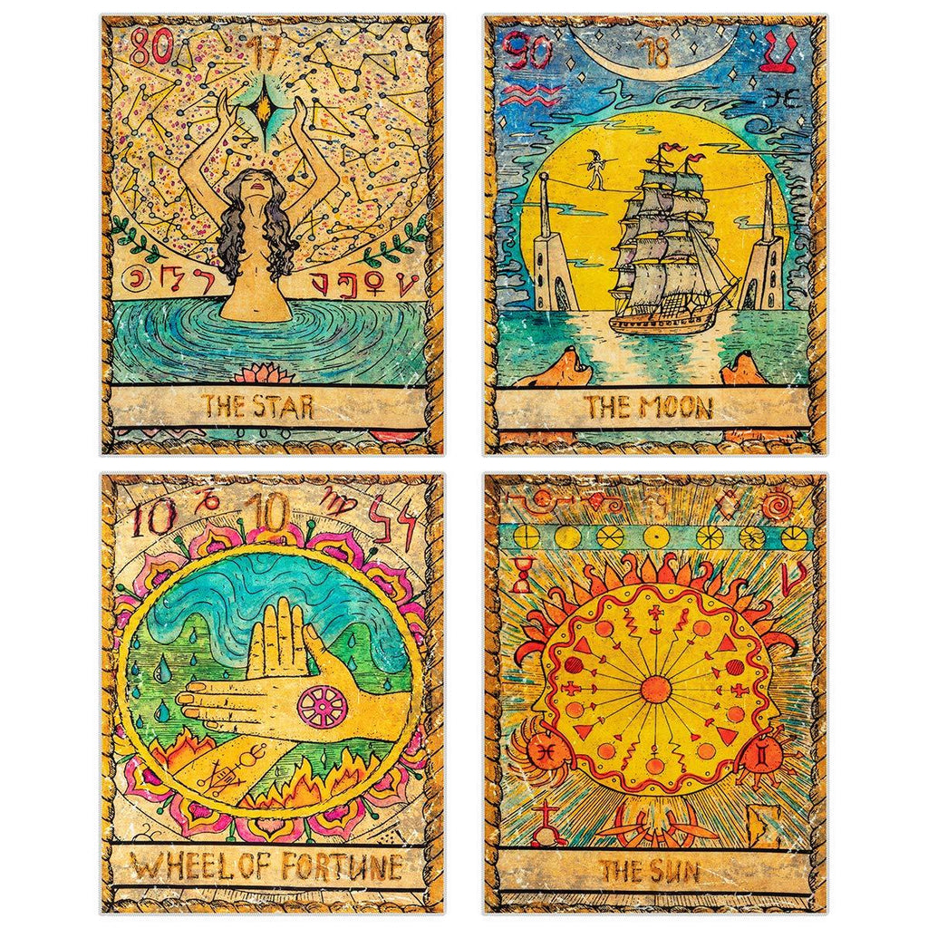  [AUSTRALIA] - ANPHSIN 4 Pcs Tarot Tapestry- Astrology Europe Divination Tapestry- Wheel of Fortune, The Sun, The Moon, The Star Mysterious Medieval Wall Hanging Tapestries for Home Room Decor 4pcs
