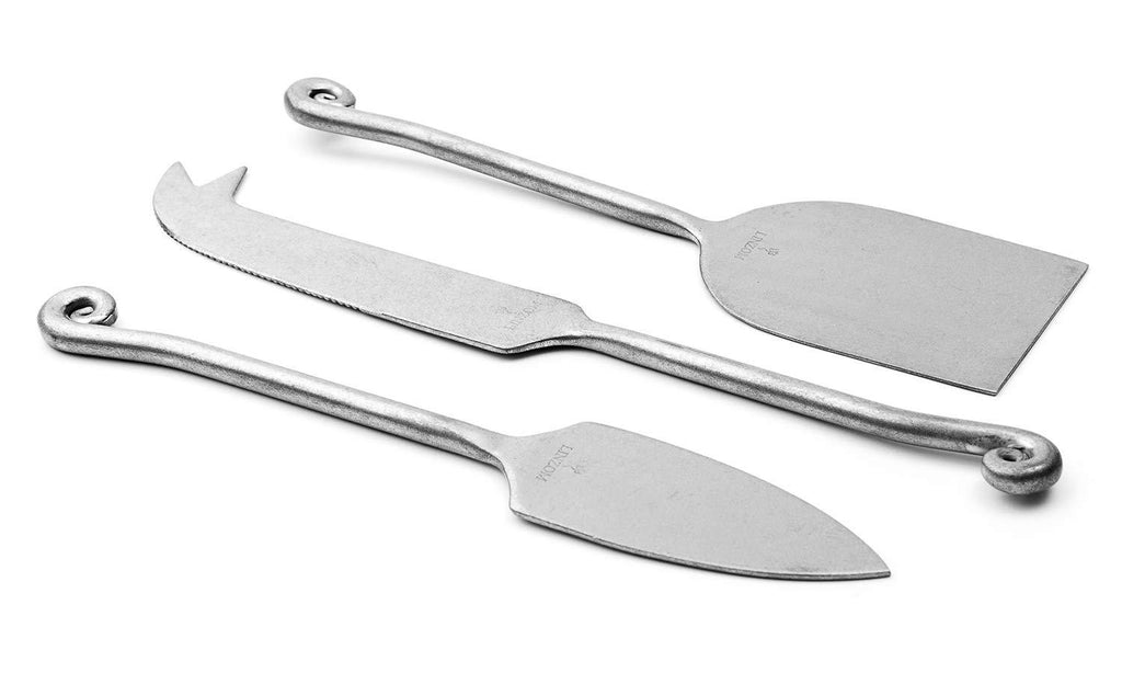  [AUSTRALIA] - LINZOM Cheese Knife Set, 18/10 Stainless Steel, Hand Forged, Pewter Finish, Curled Edge, Set of 3 Curled Edge - Antique Silver