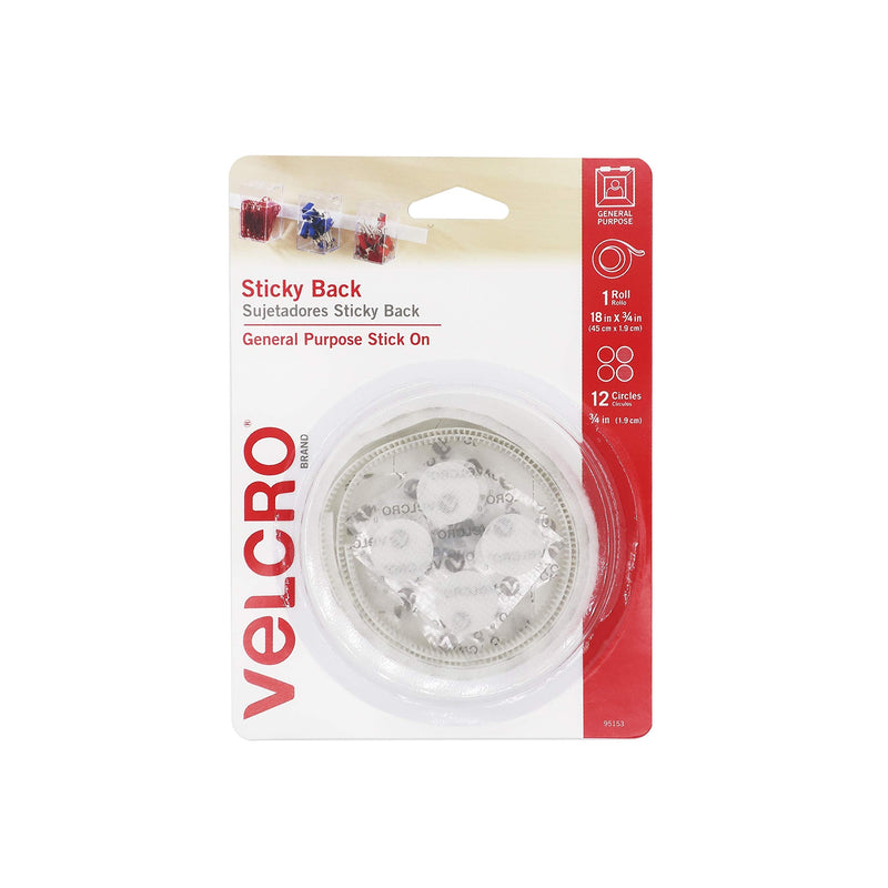 [AUSTRALIA] - VELCRO Brand - Sticky Back Hook and Loop Fasteners | Perfect for Home or Office | 18in x 3/4in Tape, 3/4in Coins | White (95153W)