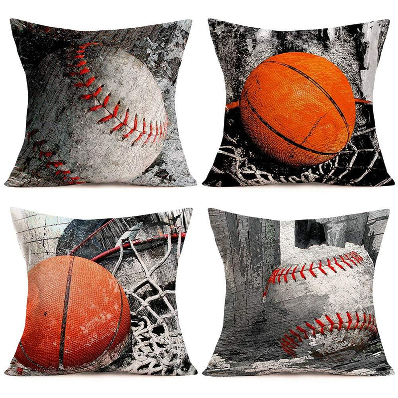  [AUSTRALIA] - Doitely Vintage Basketball and Softball Set Decorative Throw Pillow Covers Cases Size 18"x18" Cotton Linen Standard Pillowcase Sport Club Team Men Gifts Home Car Decor 4 Pack