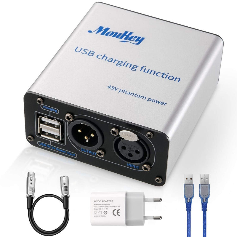  [AUSTRALIA] - Moukey Phantom Power Supply,1-Channel,48V with New USB Charging Capability, 10 Feet XLR Cable and Adapter for Any Condenser Microphone Music Recording Device-New Version