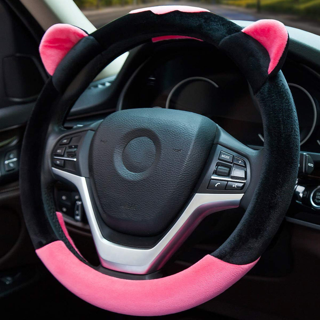 [AUSTRALIA] - ChuLian Cute Winter Warm Plush Auto Car Steering Wheel Cover for Women Girls, Universal 15 Inch Car Accessories, Rose Red