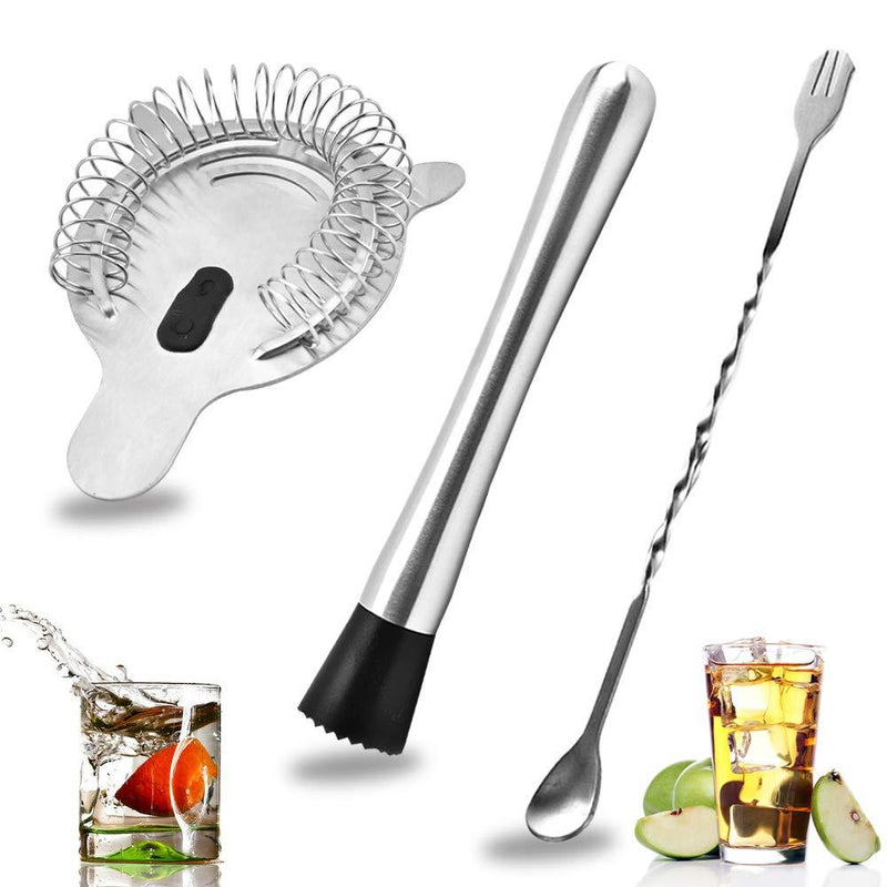  [AUSTRALIA] - SENHAI Stainless Steel Cocktail Muddler, Spiral Mixing Spoon & 4-Prong Bar Strainer, Home Bar Bartender's Muddling Tool Set