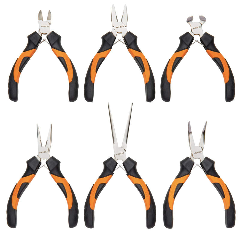  [AUSTRALIA] - KENDO 6-Pieces Mini Pliers Set - Long, Bent, Needle Nose, Diagonal, End Cut, Combination - Spring Loaded Handle, 4.5 Inch - Mechanic, Craftsman Basic Tool Kit - Roll Up Carry Bag Included