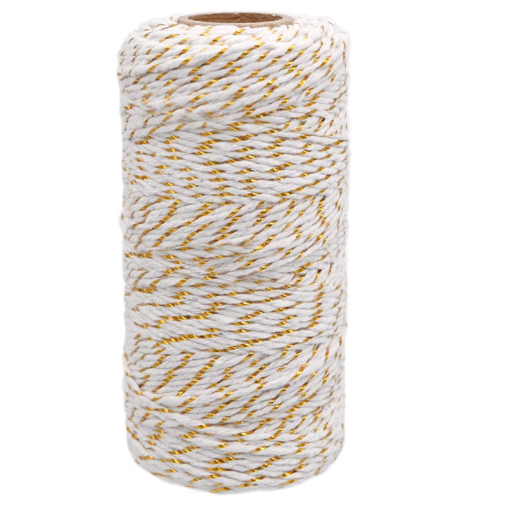  [AUSTRALIA] - Gold and White Twine,100M/328 Feet 2 mm Cotton Baker's Twine,Christmas String,Heavy Duty Packing String for DIY Crafts and Gift Wrapping 1 Pcs White & Gold