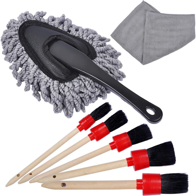  [AUSTRALIA] - eFuncar Car Duster Exterior Interior Use Dashboard Duster Cleaning Dirt with an Auto Detailing Brush Set of Boars Hair for Wheels Leather Emblems Air Vents(Pack of 5), A Gray Microfiber Cloth