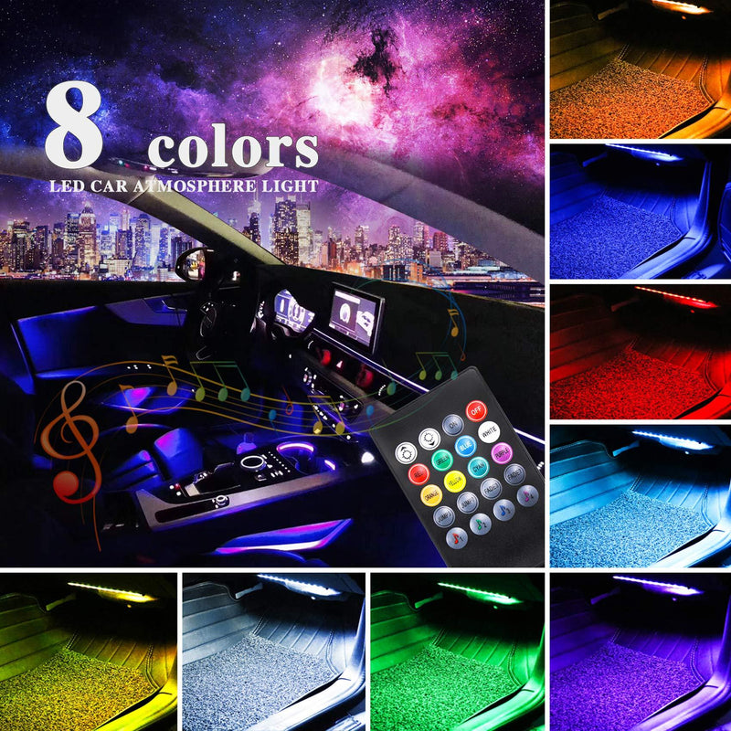  [AUSTRALIA] - LivTee 12V Car LED Strip Light，4pcs 48 LED Multicolor Music Car Interior Lights Under Dash Lighting Waterproof Kit with Sound Active Function and Wireless Remote Control, Car Charger Included A