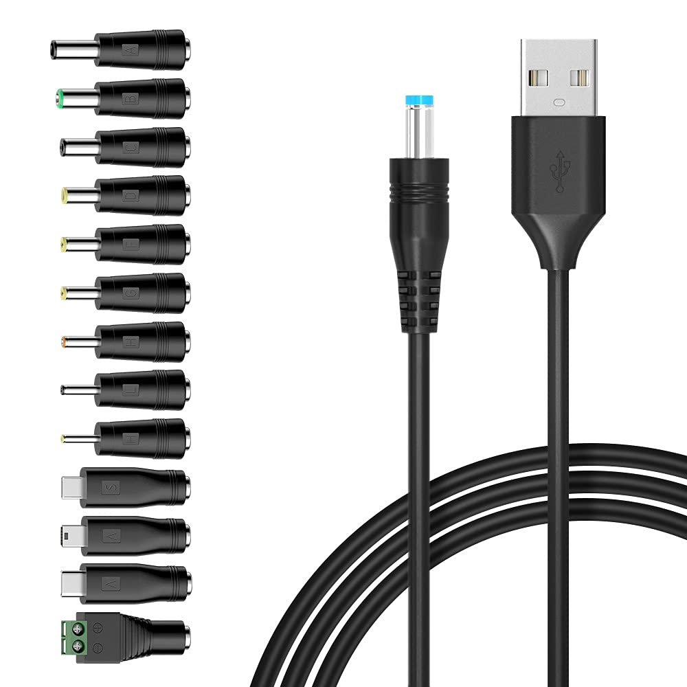  [AUSTRALIA] - Belker Universal 5V DC 5.5 2.1mm Jack Charging Cable Power Cord, USB to DC Power Cable with 14 Interchangeable Plugs Connectors Adapters Compatible with Fan Speaker Router Mini and More 5V Devices