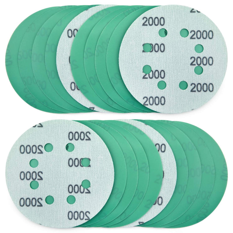  [AUSTRALIA] - POLIWELL 5 Inch Sanding Discs 8 Holes 2000 Grit Wet Dry Film-Backed Green Line Hook and Loop Dustless Power Random Orbital Sander Paper, for Car Paint Wood or Metal Grinding and Polishing, 20 Pack 2000-Grit