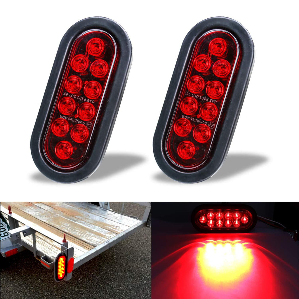  [AUSTRALIA] - LivTee Waterproof 6" Oval Red LED Trailer Lights Tail Brake Stop Turn Parking Light Kit with Grommet and Plug for Boat Trailers RV Jeep Trucks, 2pcs