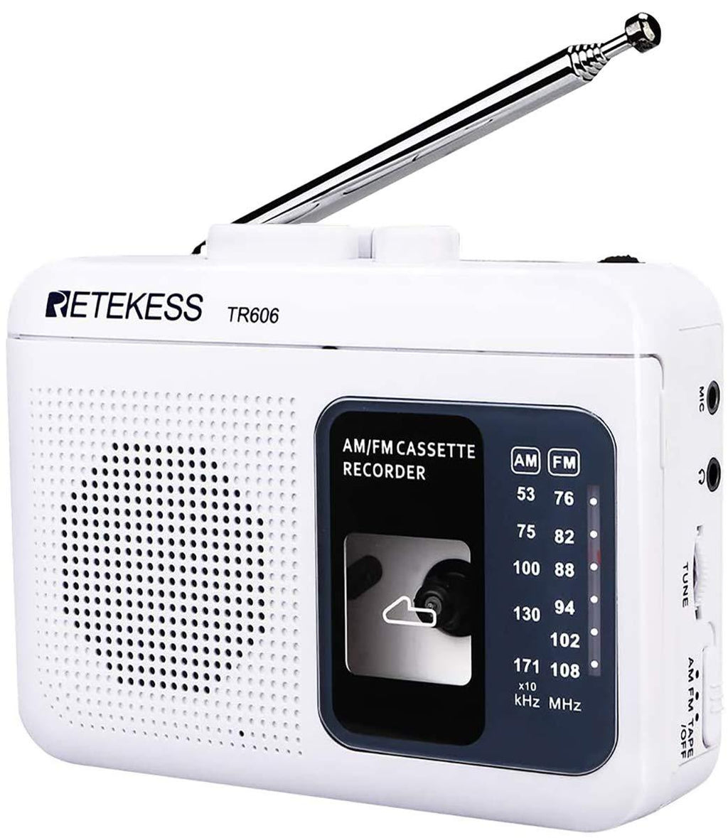  [AUSTRALIA] - Retekess TR606 Portable Cassette Players Recorders, AM FM Radio Tape Player, Powered by DC or AA Battery with Recorder and AUX Input (White)