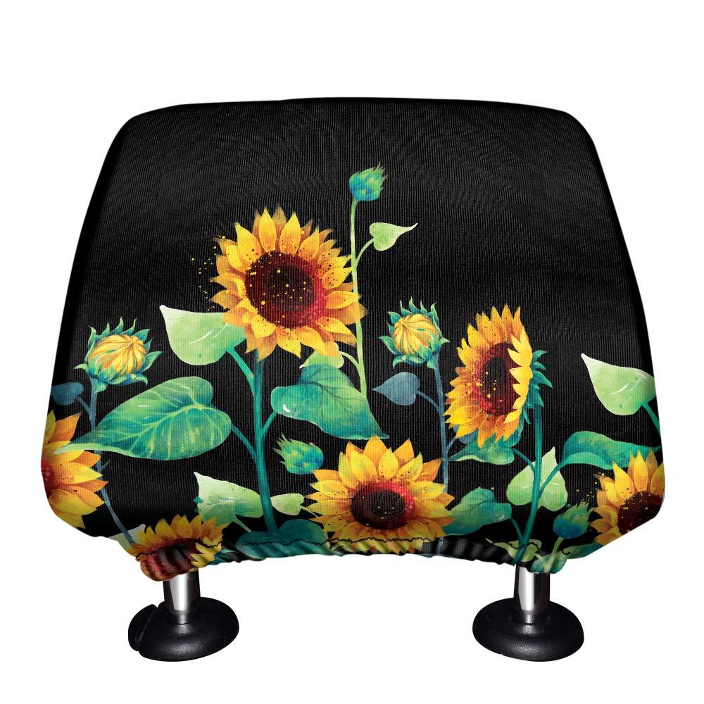  [AUSTRALIA] - WIRESTER Car Seat Head Rest Cover, Protective Fabric Design Cover Decoration for All Cars Sunflowers Flowers Black