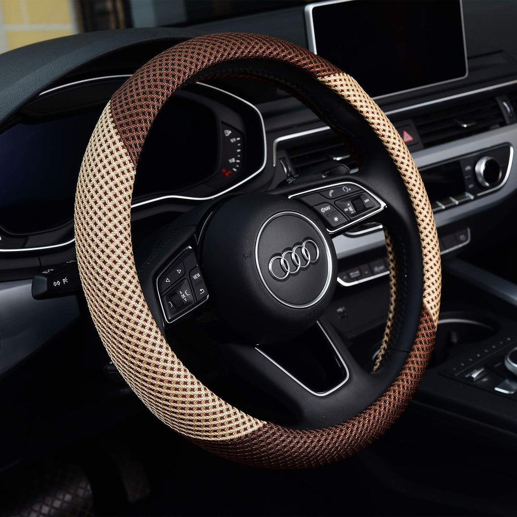  [AUSTRALIA] - KAFEEK Steering Wheel Cover, Universal 15 inch, Microfiber Breathable Ice Silk, Anti-Slip, Odorless, Beige& Brown