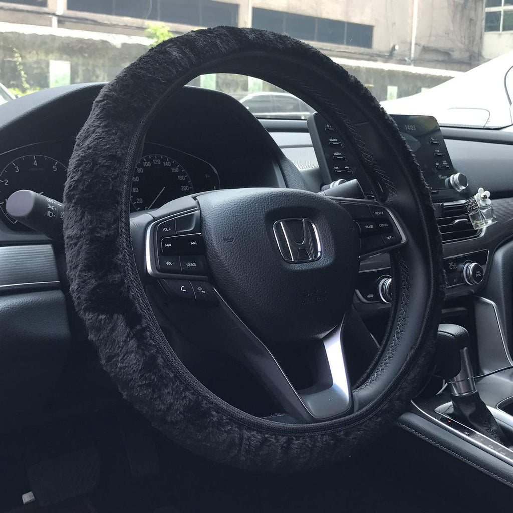  [AUSTRALIA] - KAFEEK Long Microfiber Plush Steering Wheel Cover for Winter Warm, Universal 15 inch, Anti-Slip, Odorless, Black