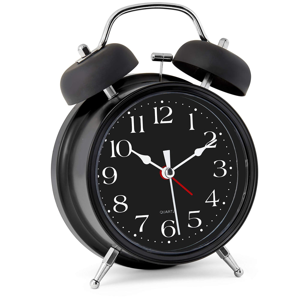  [AUSTRALIA] - Bernhard Products Analog Alarm Clock 4" Twin Bell Black Silent Non-Ticking Quartz Battery Operated Extra Loud with Backlight for Bedside Desk, Retro (Classic Black)