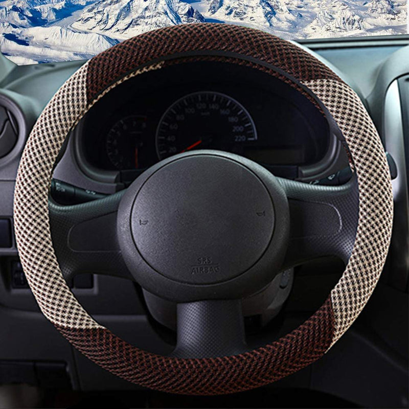  [AUSTRALIA] - ZHOL Universal 15 inch Steering Wheel Cover, Breathable, Anti-Slip, Odorless, Warm in Winter and Cool in Summer, Beige and Brown