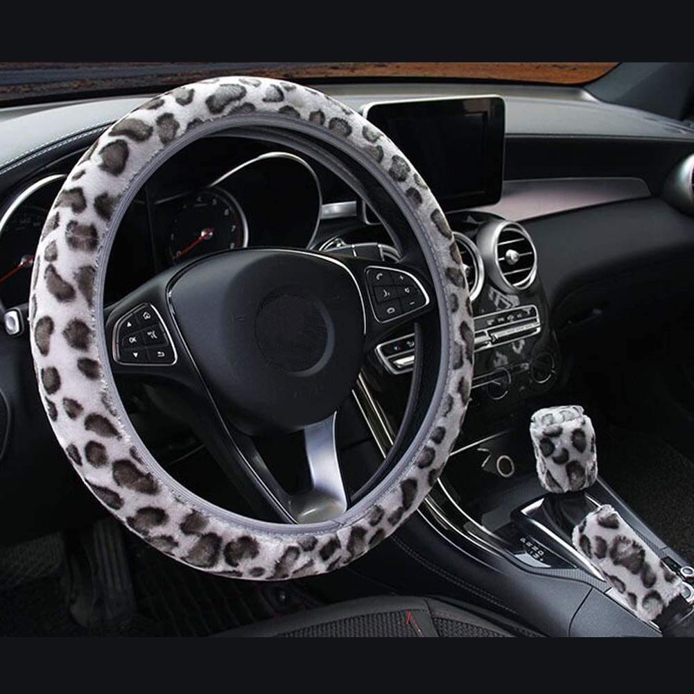  [AUSTRALIA] - ALVAZA Fashion Leopard Plush Car Steering Wheel Cover 3Pcs Universal 15 inch Elastic Sleeve No Inner Ring Elastic Fabric Non-Slip Wear Resistant, Keeps Your Hands Warm in Winter.(Gray) gray
