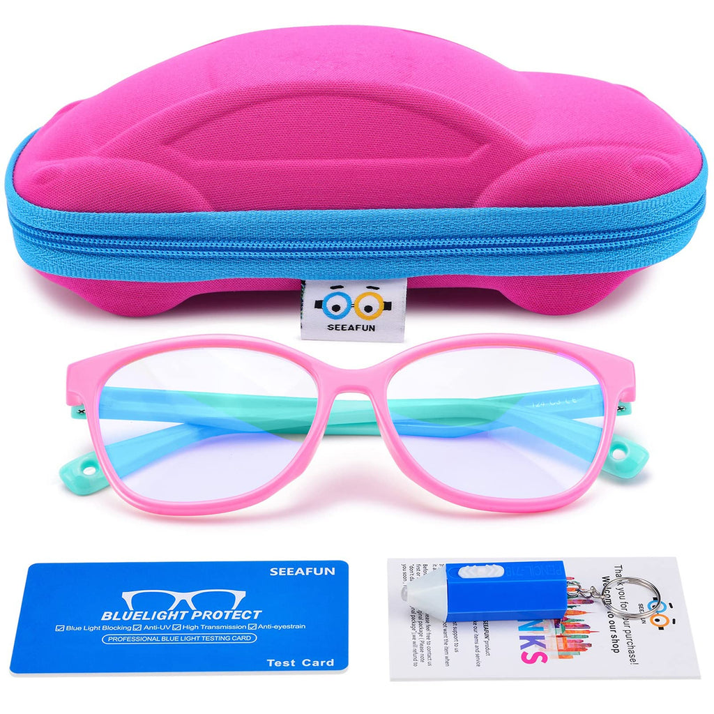 Blue Light Glasses for Kids Girls Boys with Cute Car Case, UV400 Protection, Anti Blue Ray Age3-12 Computer Game Glasses Pink/ Green - LeoForward Australia