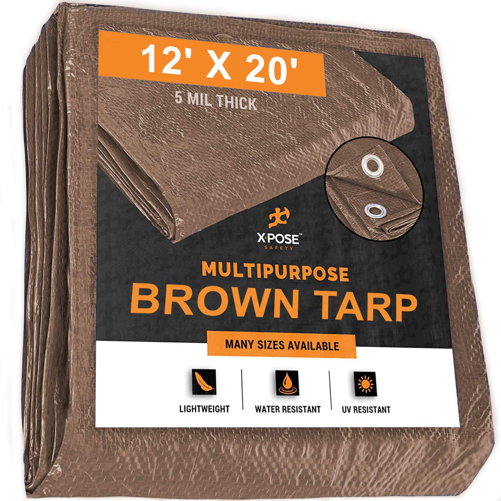  [AUSTRALIA] - Multipurpose Protective Cover Brown Poly Tarp 12' x 20' - Durable, Water Resistant, Weather Resistant - 5 Mil Thick Polyethylene - by Xpose Safety 12 Feet x 20 Feet