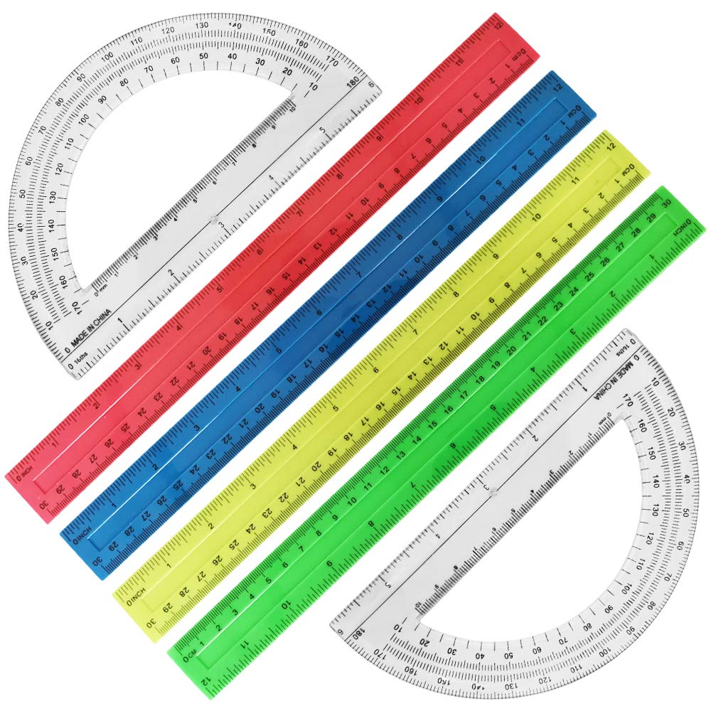  [AUSTRALIA] - 6 Pack Measuring Tools, DaKuan Plastic Straight Ruler (12 Inch, 4 Colors）and Protractor 180 Degree (6 Inch, Transparent)