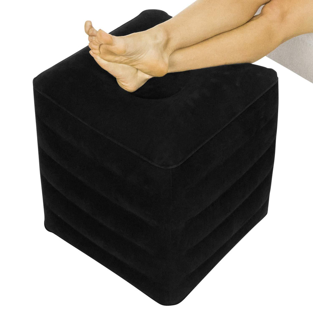  [AUSTRALIA] - Xtra-Comfort Inflatable Ottoman - Foot Rest for Office Desk, Car, Chair, Airplane Travel - Leg Elevation Pillow with Bag and Hand Pump - for Camping, Kids, Adults - Height and Firmness Adjustable Black