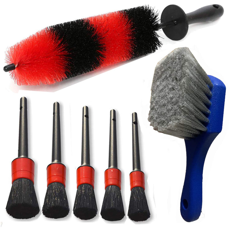  [AUSTRALIA] - 7Pcs Wheel & Tire Brush , car detailing kit , 17inch Long Soft Wheel Brush 5 car wash detail brush car wash kit for Cleans Dirty Tires & Releases Dirt and Road Grime, Short Handle for Easy Scrubbing Red