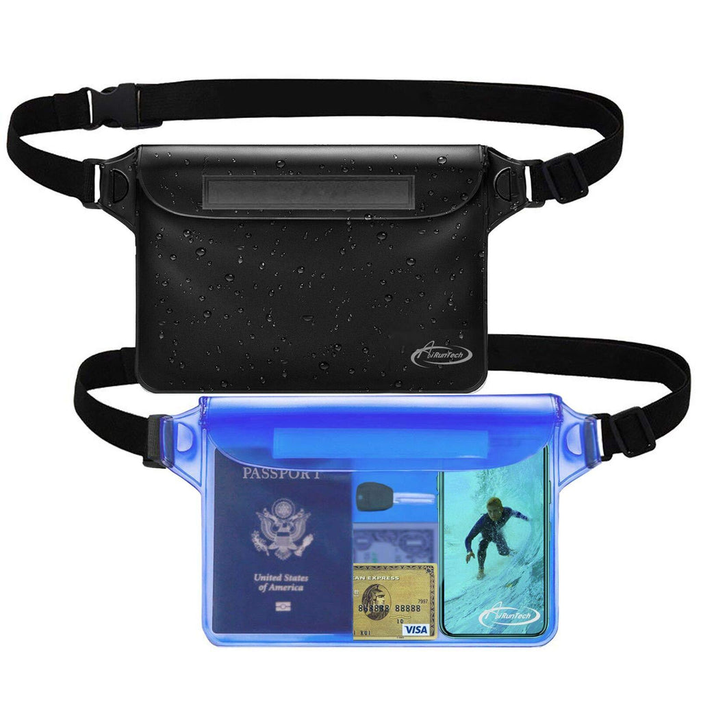  [AUSTRALIA] - AiRunTech Waterproof Pouch with Waist Strap (2 Pack) | Beach Accessories Best Way to Keep Your Phone and Valuables Safe and Dry | Perfect for Boating Swimming Snorkeling Kayaking Beach Pool Water Park Black + Blue