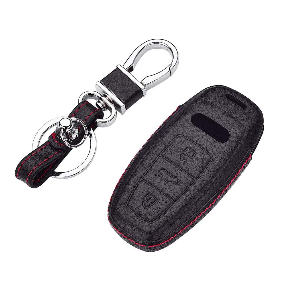 Royalfox 3 Buttons genuine leather smart keyless entry Remote Key Fob case Cover with Keychain for 2019 2020 2021 Audi A6 A6L A7 A8 (black) Black - LeoForward Australia