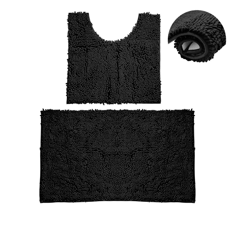  [AUSTRALIA] - Bathroom Rugs Chenille Bath Mat Set, Soft Plush Non-Skid Shower Rug +Toilet Mat. (Black) Black