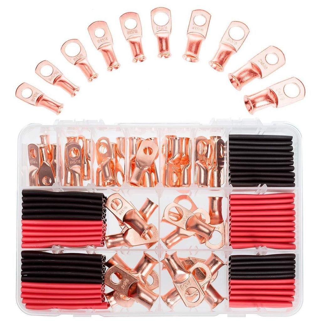 RockDIG 50 PCS AWG 8/6/4/2 Heavy Duty Bare Copper Wire Lugs, Closed-End Tubular Ring Terminals, Battery Electrical Cable Wire Connectors Assortment Kit(with 50 PCS Heat Shrink Tubings Set) Bare 50Lugs+50Tubings - LeoForward Australia