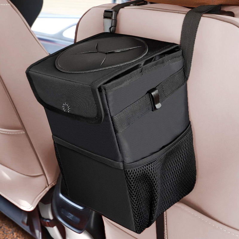  [AUSTRALIA] - Auesny Upgraded Car Trash Can with Lid and 3 Storage Pockets, 100% Leak-Proof Car Organizer, Waterproof Car Garbage Can, Multipurpose Trash Bin for Car -Auto Car Trash Bag Black 2.4 Gallons
