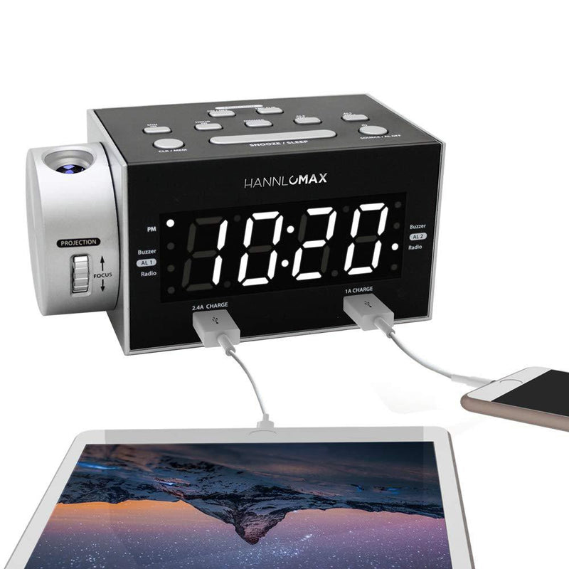 HANNLOMAX HX-135CR Alarm Clock Radio with Projection, PLL FM Radio, Dual Alarm, USB Ports for 2.4A and 1A Charging, White LED Display - LeoForward Australia