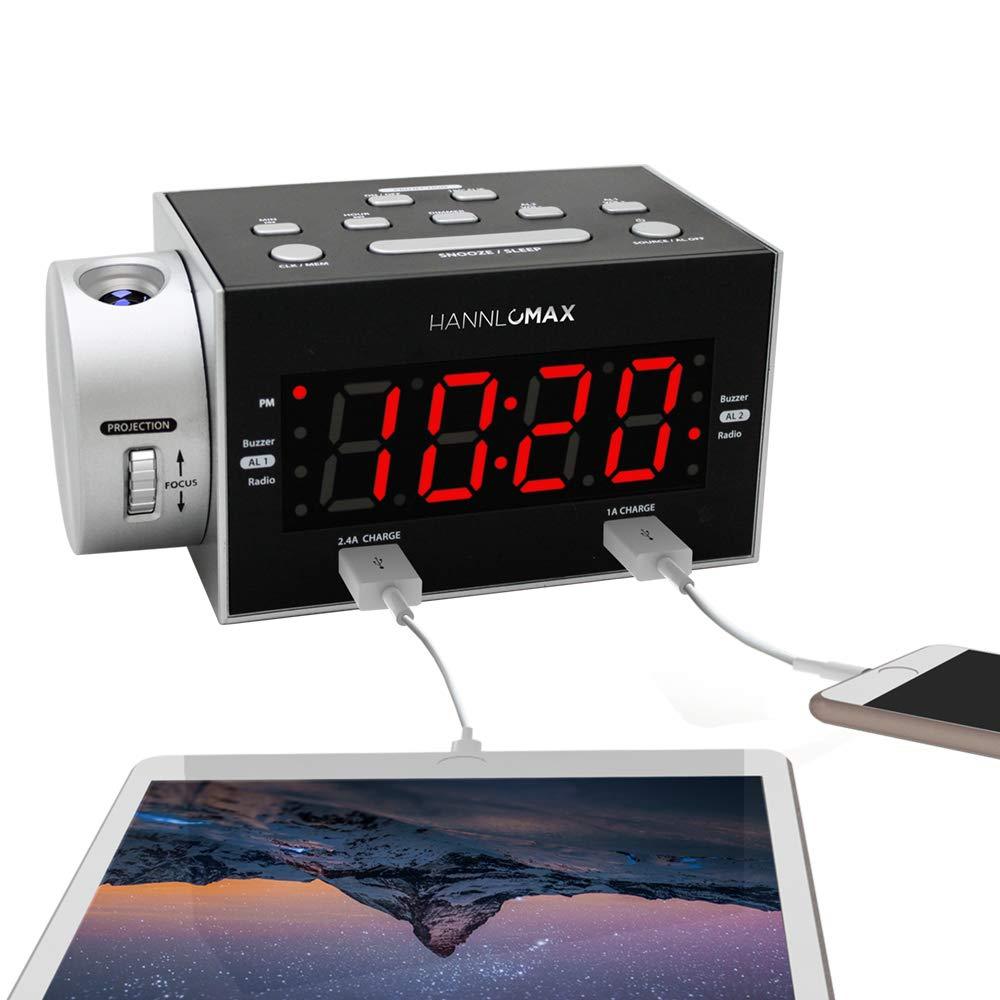 HANNLOMAX HX-135CR Alarm Clock Radio with Projection, PLL FM Radio, Dual Alarm, Dual USB Ports for 2.4A and 1A Charging, 1.2 inches Red LED Display, AC/DC Adaptor Included - LeoForward Australia