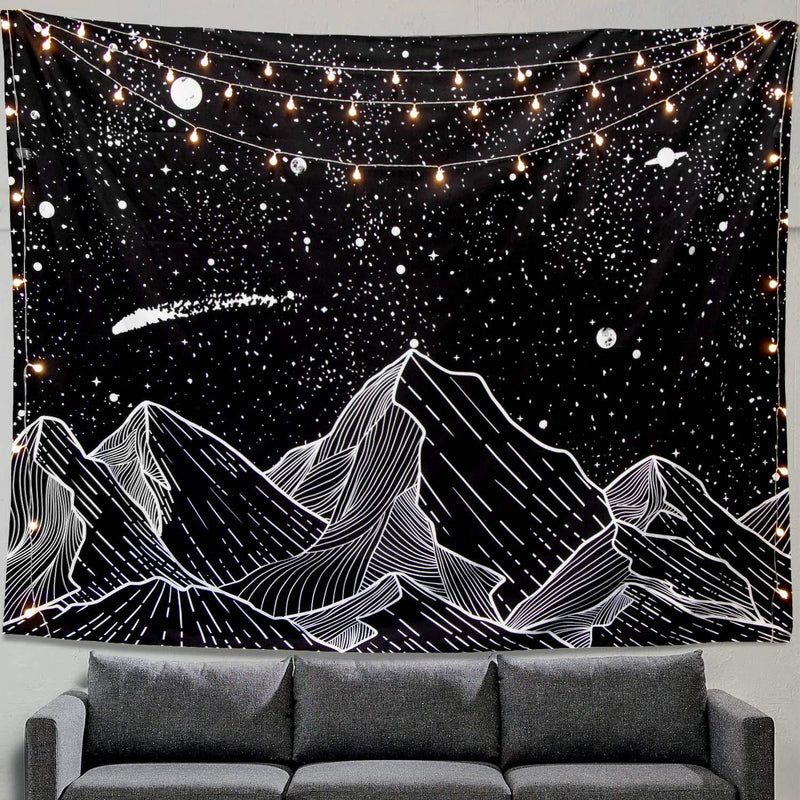  [AUSTRALIA] - Zussun Mountain Moon Tapestry Wall Hanging Stars Black and White Art Tapestry Home Decor (50" x 60") 50" x 60"