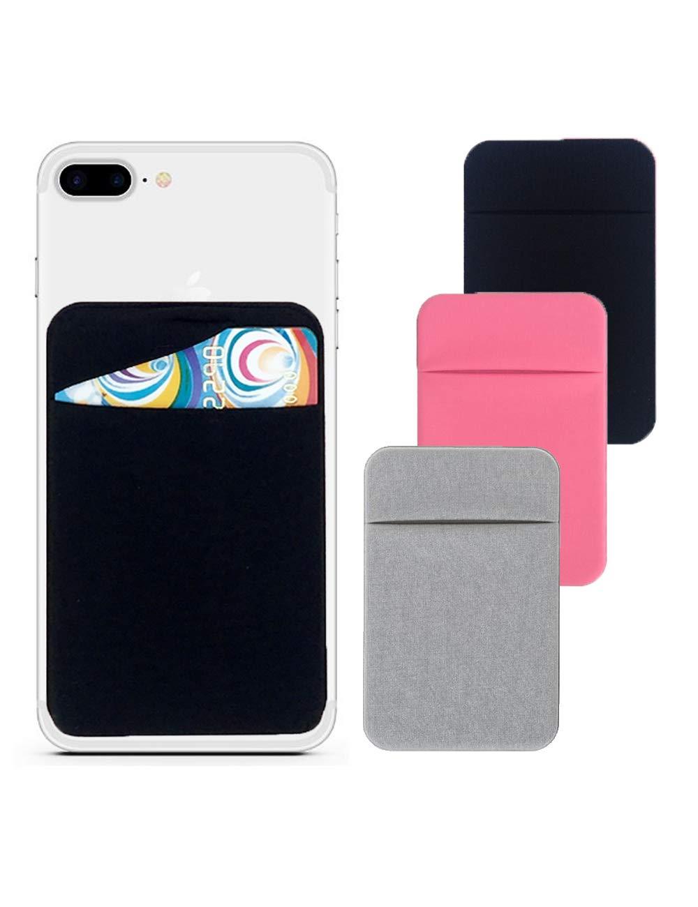  [AUSTRALIA] - Bontivo 3 Pack Cell Phone Card Holder Stretchy Lycra Wallet Stick on Pocket Credit Card ID Case Pouch Sleeve 3M Adhesive Sticker on iPhone Samsung Galaxy Smartphones- Black Silver and Pink