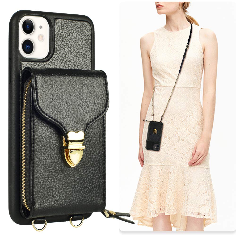  [AUSTRALIA] - iPhone 11 Wallet case, JLFCH iPhone 11 Crossbody Case with Zipper Card Slot Holder Wrist Strap Shoulder Chain Leathe Handbag Purse Cover for Apple iPhone 11 6.1 inch 2019 - Black iPhone 11 ( 6.1'')-Black iPhone 11 (6.1'')