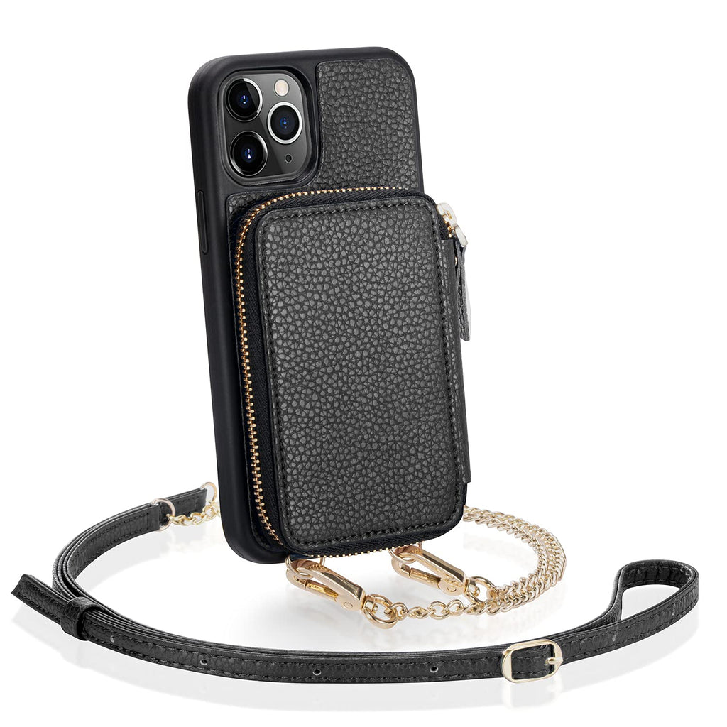  [AUSTRALIA] - iPhone 11 Pro Wallet Case, ZVE iPhone 11 Pro Case with Credit Card Holder Slot Crossbody Chain Handbag Purse Wrist Strap Zipper Leather Case Cover for Apple iPhone 11 Pro 5.8 inch 2019 - Black