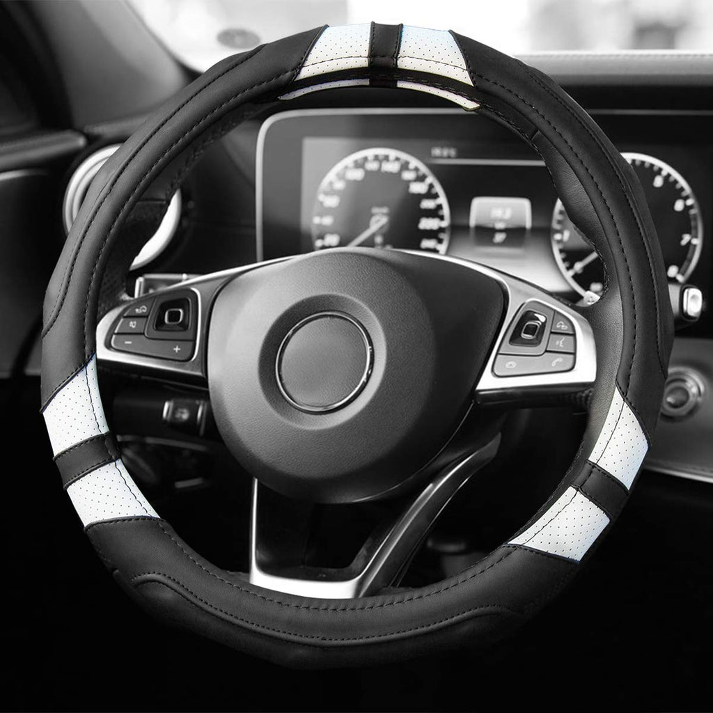  [AUSTRALIA] - Achiou Universal Car Steering Wheel Cover 15 inch with Grip Contours, Leather Auto for Men and Women Non-Slip, No Smell Suitable for Every Season (Black and White) Black + White