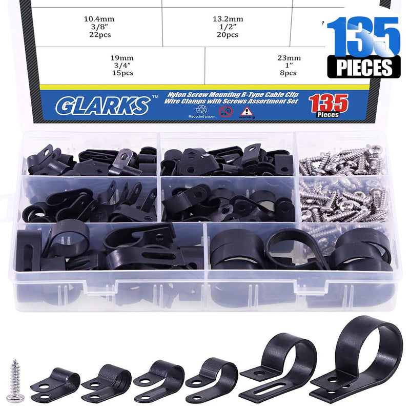  [AUSTRALIA] - Glarks 135Pcs 6 Sizes 1/4''-1'' Black Nylon Screw Mounting R-Type Cable Clip Wire Clamp with 132Pcs Screws for Wire, Cable, Conduit and Cable Conduit Kit (Black)