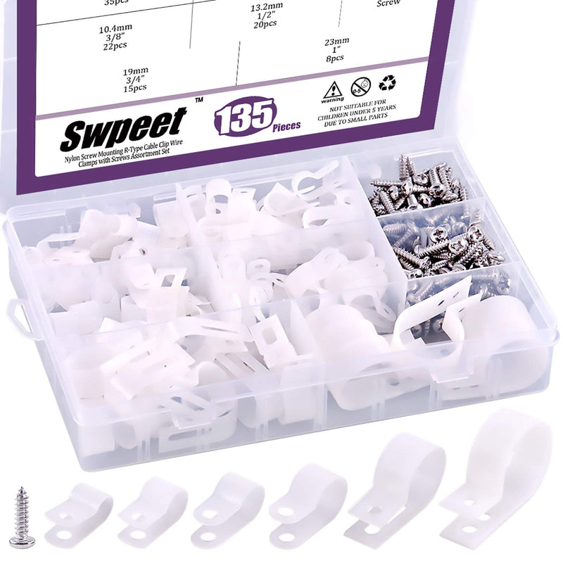  [AUSTRALIA] - Swpeet 135 Pack 6 Sizes White Nylon Plastic R-Type Cable Clips Clamp Assortment Kit, 1/4" 5/16" 3/8" 1/2" 3/4" 1" Nylon Screw Mounting Cord Fastener Clips with 135 Pack Screws for Wire Management