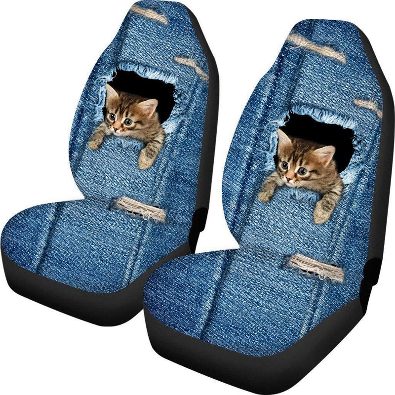 [AUSTRALIA] - HUGS IDEA Air Cushion Universal Car Interior Seat Covers 2 Piece, Cute Denim Animal Pet Cat Pattern Stretch Seat Protector for Car, SUV & Trunk denim cat