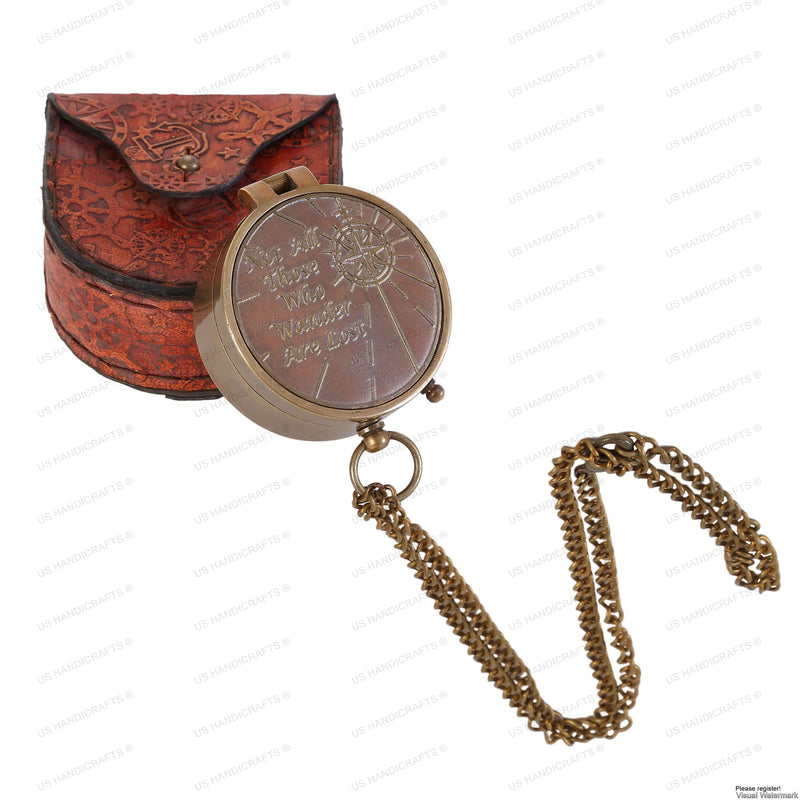 Not All Who Wander are Lost Engraved Brass Compass with Leather Case, Pirates Compass, Magnetic Navigational Instrument - LeoForward Australia